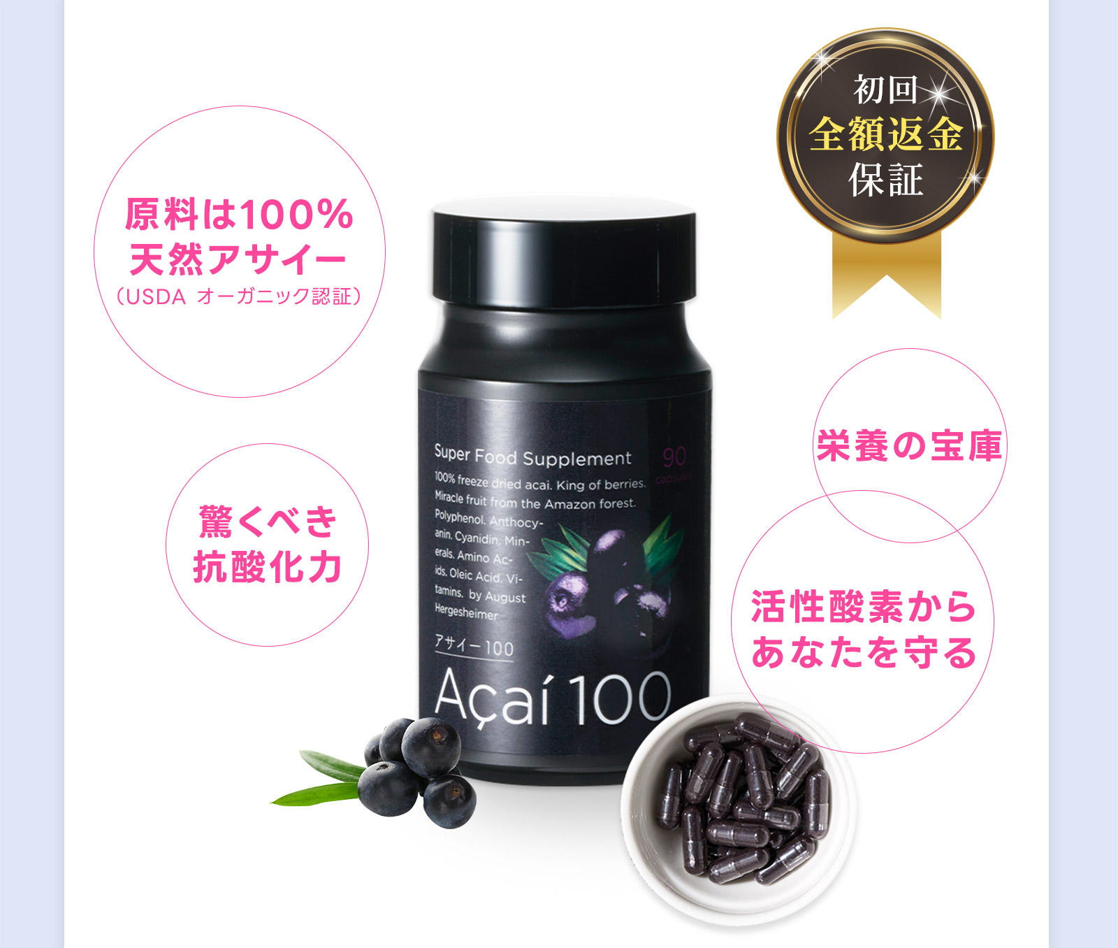 初回全額返金保証　原料は100％ 天然アサイー（USDA オーガニック認証） 驚くべき抗酸化力 栄養の宝庫 活性酸素からあなたを守る