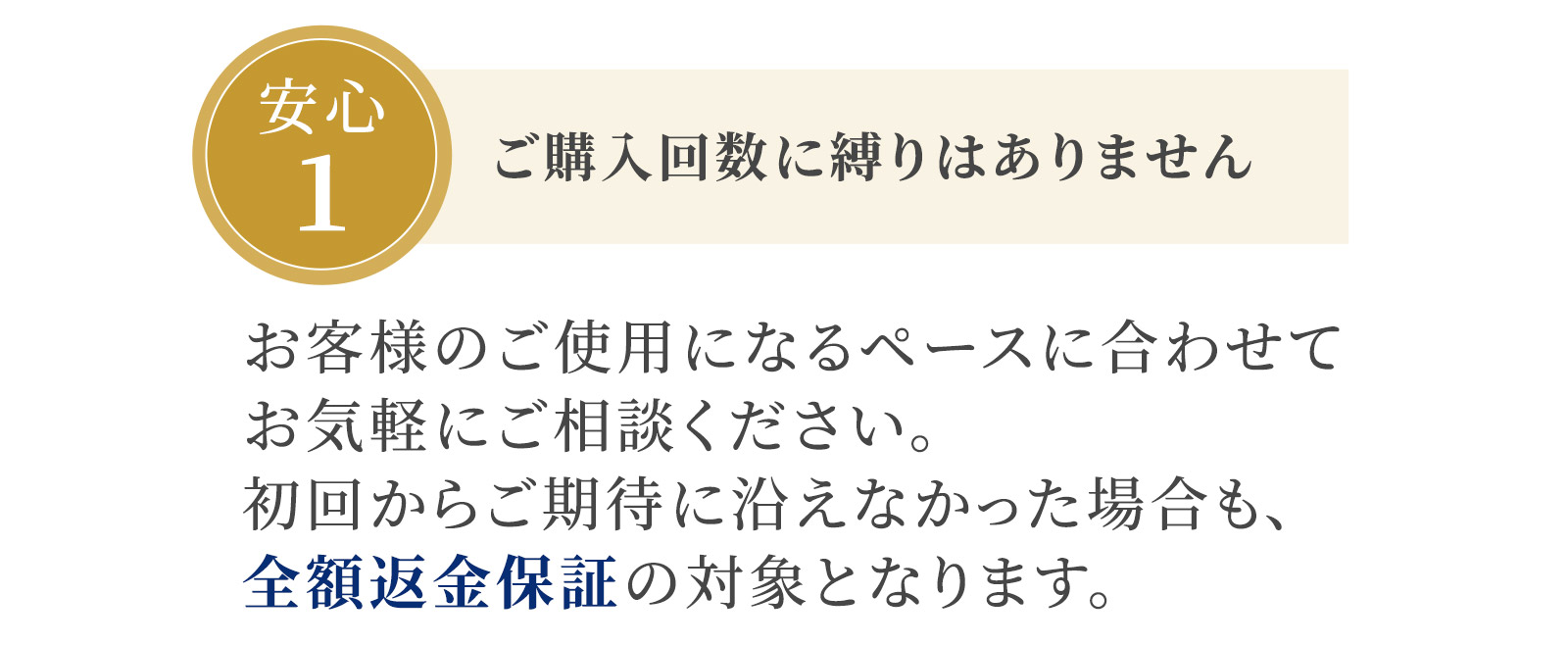 安心1：ご購入回数に縛りはありません　お客様のご使用になるペースに合わせてお気軽にご相談ください。初回からご期待に沿えなかった場合も、全額返金保証の対象となります。