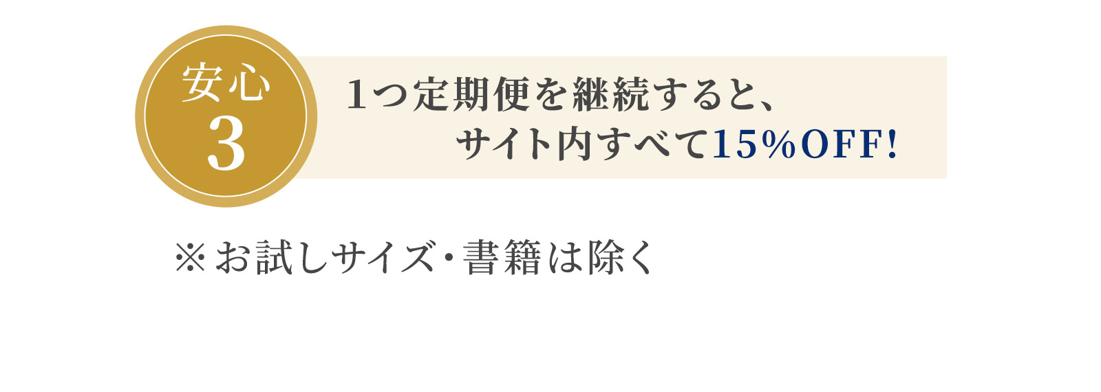 安心3：１つ定期便を継続すると、サイト内すべて15％OFF!　※お試しサイズ・書籍は除く