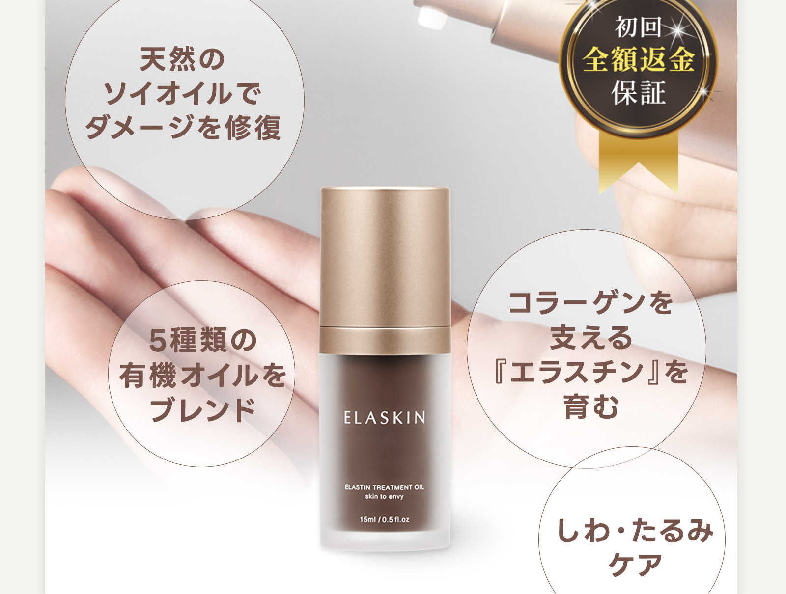 初回全額返金保証　天然のソイオイルでダメージを修復 5種類の有機オイルをブレンド コラーゲンを支える『エラスチン』を育む しわ・たるみケア