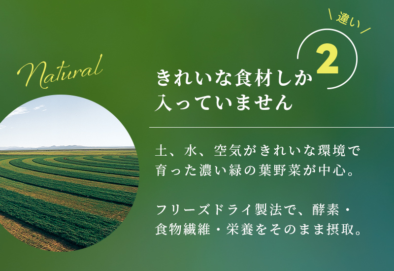 違い2 きれいな食材しか入っていません　土、水、空気がきれいな環境で育った濃い緑の葉野菜が中心。フリーズドライ製法で、酵素・食物繊維・栄養をそのまま摂取。